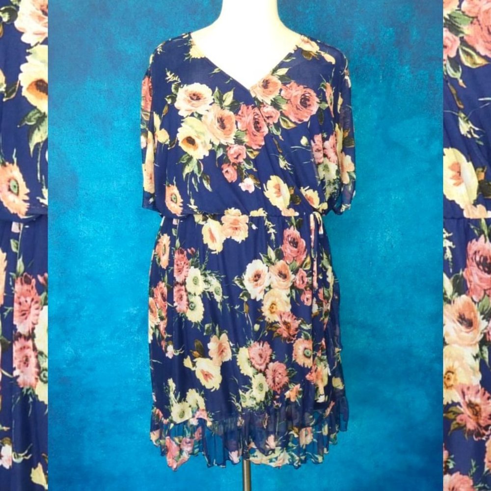 NWT AVLN Navy Floral Faux Wrap Mesh Dress 3X